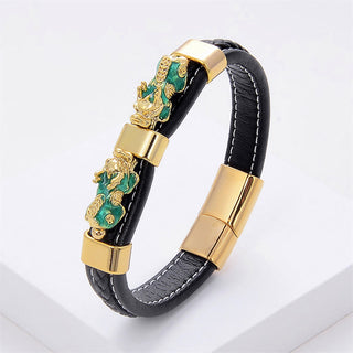 Buddha Gift Double PiXiu Wealth Luck Leather Magnetic Buckle Bracelet