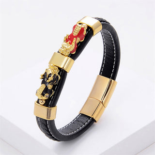 Buddha Gift Double PiXiu Wealth Luck Leather Magnetic Buckle Bracelet