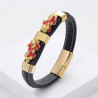 Buddha Gift Double PiXiu Wealth Luck Leather Magnetic Buckle Bracelet