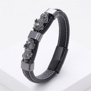 Buddha Gift Double PiXiu Wealth Luck Leather Magnetic Buckle Bracelet