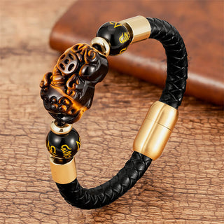 Buddha Gift Tiger Eye Black Onyx Red Agate PiXiu Copper Coin Om Mani Padme Hum Strength Leather Bracelet