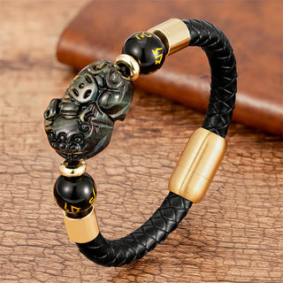 Buddha Gift Tiger Eye Black Onyx Red Agate PiXiu Copper Coin Om Mani Padme Hum Strength Leather Bracelet