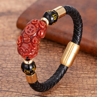 Buddha Gift Tiger Eye Black Onyx Red Agate PiXiu Copper Coin Om Mani Padme Hum Strength Leather Bracelet