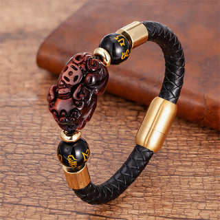 Buddha Gift Tiger Eye Black Onyx Red Agate PiXiu Copper Coin Om Mani Padme Hum Strength Leather Bracelet