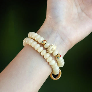 Buddha Gift Bodhi Seed Peach Wood Lotus Wealth Double Wrap Bracelet