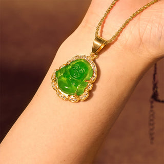 Buddha Gift 18K Gold Filled Laughing Buddha Jade Luck Necklace Chain Pendant