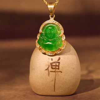 Buddha Gift 18K Gold Filled Laughing Buddha Jade Luck Necklace Chain Pendant