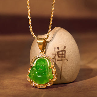 Buddha Gift 18K Gold Filled Laughing Buddha Jade Luck Necklace Chain Pendant