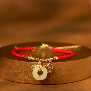 Buddha Gift Copper Plated Gold Jade Peace Buckle Fu Character Year Of The Snake Red String Luck Bracelet