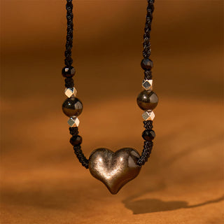 Buddha Gift Natural Silver Sheen Obsidian Heart Protection Necklace Pendant