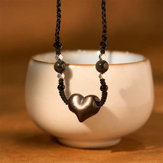 Buddha Gift Natural Silver Sheen Obsidian Heart Protection Necklace Pendant