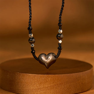 Buddha Gift Natural Silver Sheen Obsidian Heart Protection Necklace Pendant