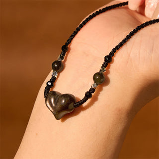 Buddha Gift Natural Silver Sheen Obsidian Heart Protection Necklace Pendant