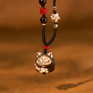 Buddha Gift Natural Silver Sheen Obsidian Nine Tailed Fox Protection Necklace Pendant