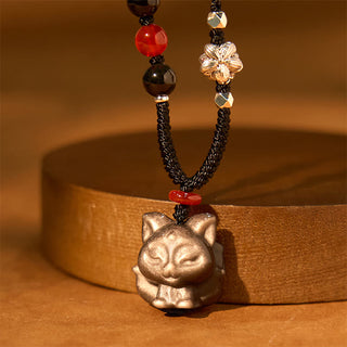 Buddha Gift Natural Silver Sheen Obsidian Nine Tailed Fox Protection Necklace Pendant