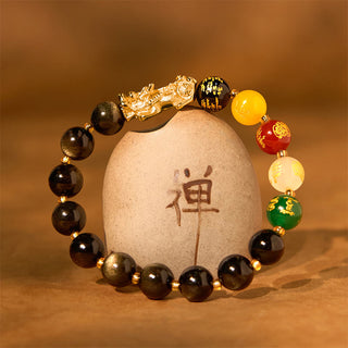 Buddha Gift Natural Gold Sheen Obsidian PiXiu Five Directions Gods of Wealth Protection Bracelet