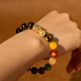 Buddha Gift Natural Gold Sheen Obsidian PiXiu Five Directions Gods of Wealth Protection Bracelet