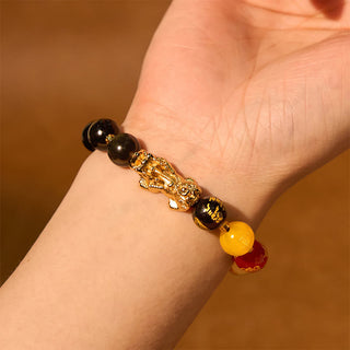 Buddha Gift Natural Gold Sheen Obsidian PiXiu Five Directions Gods of Wealth Protection Bracelet