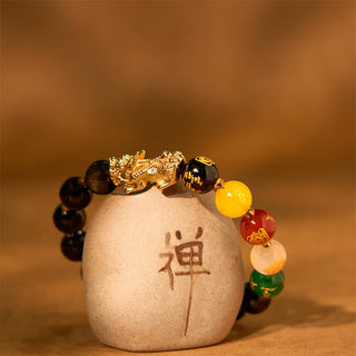 Buddha Gift Natural Gold Sheen Obsidian PiXiu Five Directions Gods of Wealth Protection Bracelet