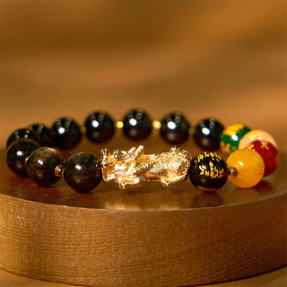 Buddha Gift Natural Gold Sheen Obsidian PiXiu Five Directions Gods of Wealth Protection Bracelet
