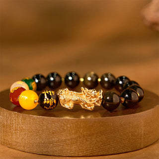 Buddha Gift Natural Gold Sheen Obsidian PiXiu Five Directions Gods of Wealth Protection Bracelet