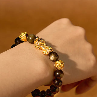 Buddha Gift Natural Gold Sheen Obsidian PiXiu Om Mani Padme Hum Wealth Bracelet