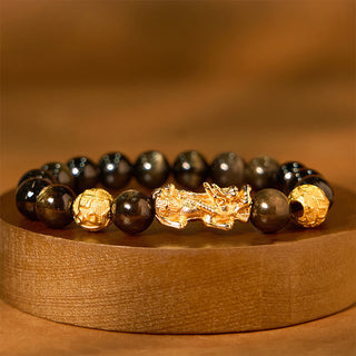 Buddha Gift Natural Gold Sheen Obsidian PiXiu Om Mani Padme Hum Wealth Bracelet