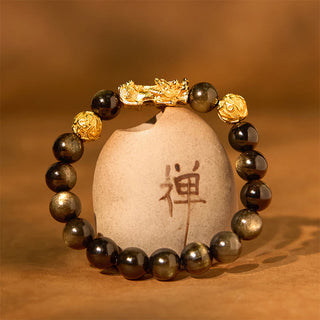 Buddha Gift Natural Gold Sheen Obsidian PiXiu Om Mani Padme Hum Wealth Bracelet