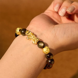 Buddha Gift Natural Gold Sheen Obsidian PiXiu Om Mani Padme Hum Wealth Bracelet