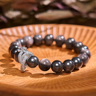 Buddha Gift Silver Sheen Obsidian Dragon Protection Bracelet
