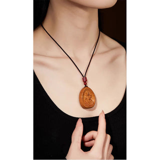 Buddha Gift Peach Wood Cinnabar Om Mani Padme Hum Chinese Zodiac Black String Necklace Pendants