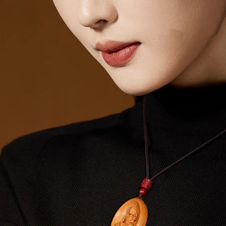 Buddha Gift Peach Wood Cinnabar Om Mani Padme Hum Chinese Zodiac Black String Necklace Pendants