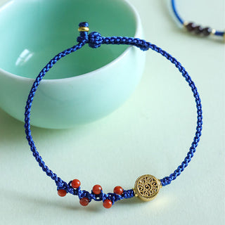 Buddha Gift Klein Blue String South Red Agate Garnet Copper Flower Power Bracelet