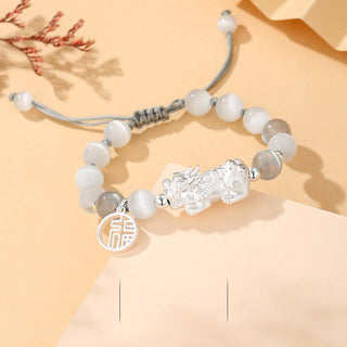 Buddha Gift Pi Xiu Six True Words 999 Sterling Silver Black Obsidian White Turquoise Chrysoberyl Luck Bracelet