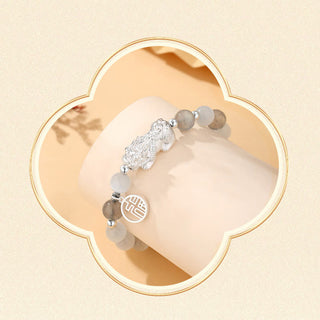 Buddha Gift Pi Xiu Six True Words 999 Sterling Silver Black Obsidian White Turquoise Chrysoberyl Luck Bracelet