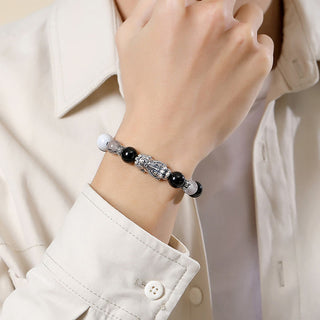 Buddha Gift Pi Xiu Six True Words 999 Sterling Silver Black Obsidian White Turquoise Chrysoberyl Luck Bracelet