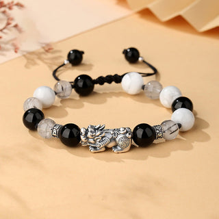 Buddha Gift Pi Xiu Six True Words 999 Sterling Silver Black Obsidian White Turquoise Chrysoberyl Luck Bracelet