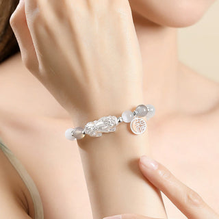 Buddha Gift Pi Xiu Six True Words 999 Sterling Silver Black Obsidian White Turquoise Chrysoberyl Luck Bracelet