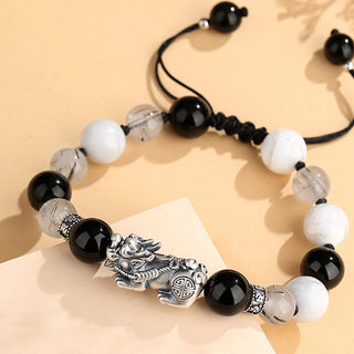 Buddha Gift Pi Xiu Six True Words 999 Sterling Silver Black Obsidian White Turquoise Chrysoberyl Luck Bracelet