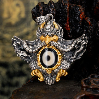 Buddha Gift 925 Sterling Silver Tibet Garuda Bird Dzi Bead Protection Necklace Pendant