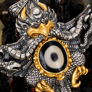 Buddha Gift 925 Sterling Silver Tibet Garuda Bird Dzi Bead Protection Necklace Pendant