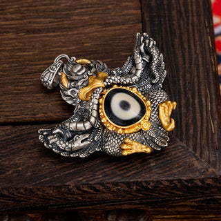 Buddha Gift 925 Sterling Silver Tibet Garuda Bird Dzi Bead Protection Necklace Pendant