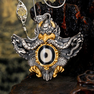 Buddha Gift 925 Sterling Silver Tibet Garuda Bird Dzi Bead Protection Necklace Pendant