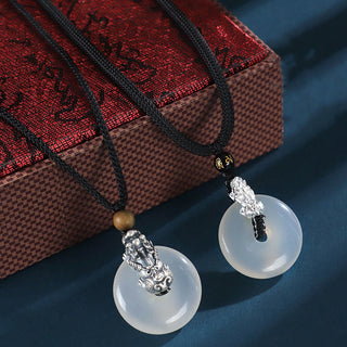 Buddha Gift White Agate 999 Sterling Silver Black Onyx Green Sandalwood Pi Xiu Peace Buckle Six True Words Necklace Pendant