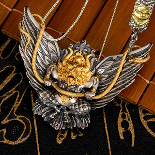 Buddha Gift 925 Sterling Silver Tibetan Garuda Bird Dragon Snake Wisdom Necklace Pendant