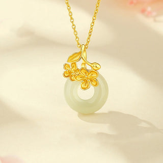 Buddha Gift Hetian Jade 999 Sterling Silver Peace Buckle Peach Blossom Necklace Pendant