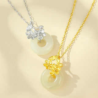 Buddha Gift Hetian Jade 999 Sterling Silver Peace Buckle Peach Blossom Necklace Pendant