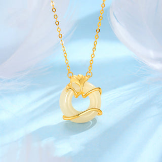 Buddha Gift Hetian Jade 925 Sterling Silver Peace Buckle Ginkgo Leaf Necklace Pendant