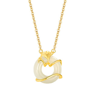 Buddha Gift Hetian Jade 925 Sterling Silver Peace Buckle Ginkgo Leaf Necklace Pendant