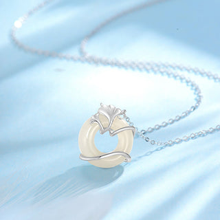 Buddha Gift Hetian Jade 925 Sterling Silver Peace Buckle Ginkgo Leaf Necklace Pendant